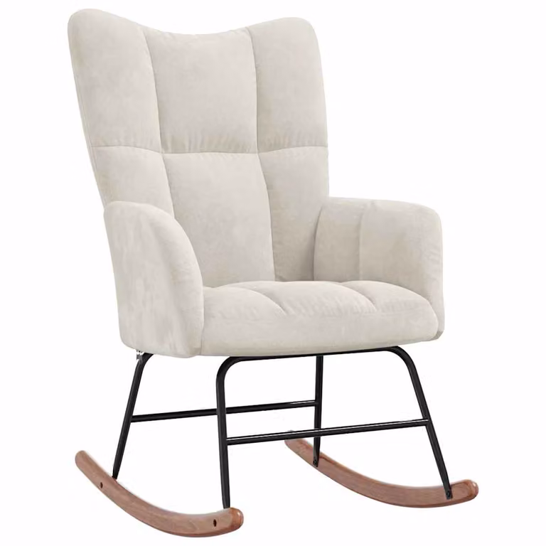 Silla mecedora de terciopelo vidaXL en color blanco con reposabrazos y estructura de metal y madera para salón