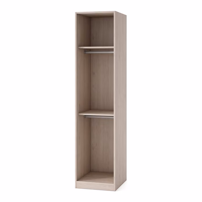 Armario Mio de El Corte Inglés con una puerta, estantes internos y barra de colgar en color beige mate