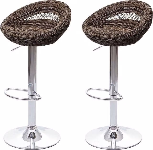 Juego de 2 taburetes de bar giratorios Mendler HWC-G26 de polirratán marrón y cromo para interior y exterior