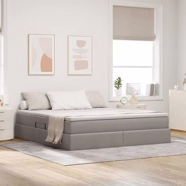 Cama con almacenamiento y colchón híbrido Maison Exclusive en color beige y gris, An/P/Al: 180 x 200 x 48.5 cm