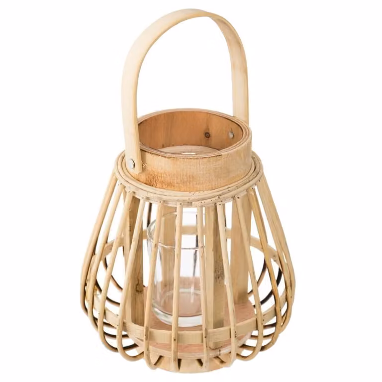 Farol de mesa rústico WellHome de bambú y madera en color marrón, An/P/Al: 14 x 15 x 16 cm