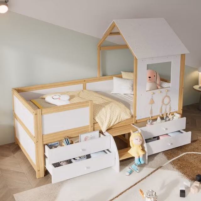 Cama infantil tipo casita MODENVIE con zona de juego, 4 cajones y estructura de madera en color blanco y beige, An/P/Al: 90 x 200 x 120 cm