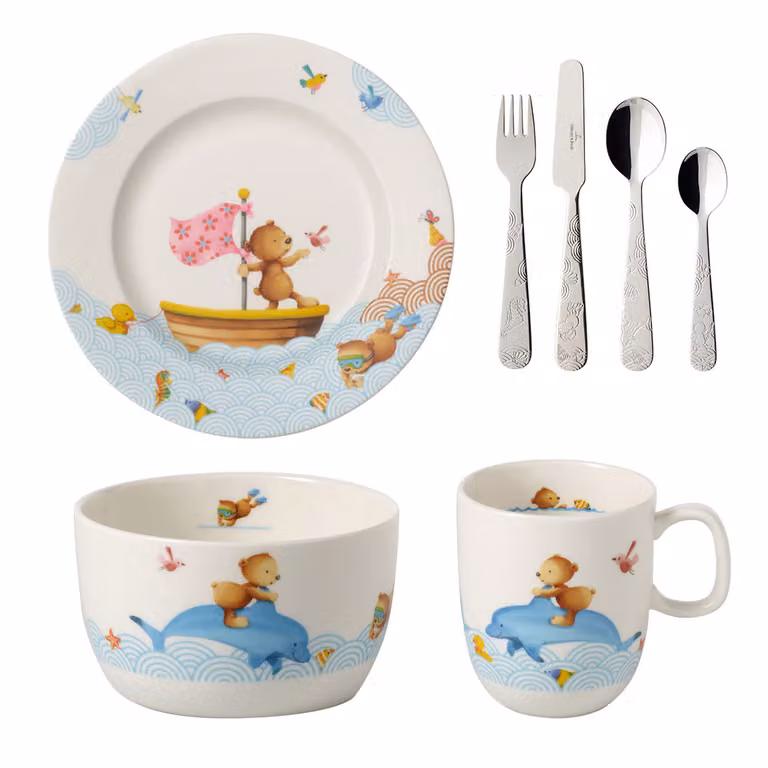 Servicio de mesa infantil Villeroy & Boch Happy as a Bear de 7 piezas en porcelana y acero inoxidable, blanco y multicolor