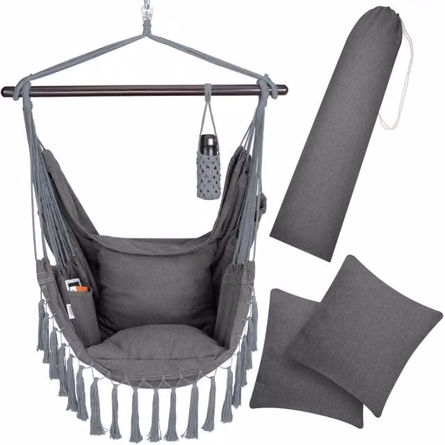 Silla colgante DETEX de estilo boho en color antracita con cojines y estructura de madera sólida, An/P/Al: 170 x 100 x 150 cm