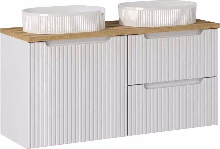 Mueble de baño moderno de DMK con diseño acanalado, encimera de roble y doble lavabo, color blanco y marrón, Ancho: 120 cm