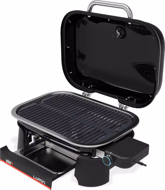 Barbacoa eléctrica de sobremesa Weber Lumin Compact en negro con termómetro integrado y parrillas de hierro esmaltado, Superficie de cocción: 43 x 32 cm