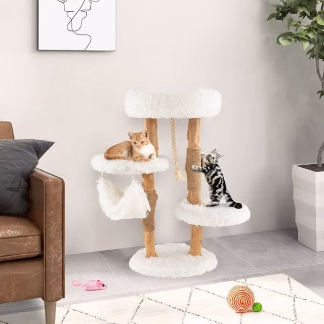 Árbol para gatos NORTHIO de madera maciza con hamaca y funda extraíble, color blanco, Altura: 87 cm