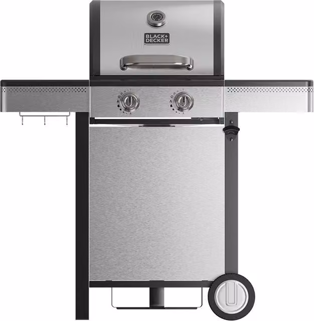 Parrilla de gas Black+Decker BXOG7200E con 2 quemadores de 3,6 kW, acabados en acero inoxidable y hierro fundido, color negro y plata