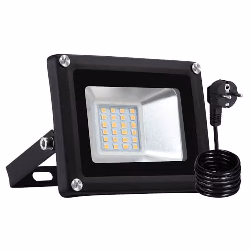 Foco Proyector LED papasbox de 30W con luz blanco cálido 3000K, resistente al agua IP65 para exterior, jardín o terraza, con enchufe y acabado en aluminio blanco