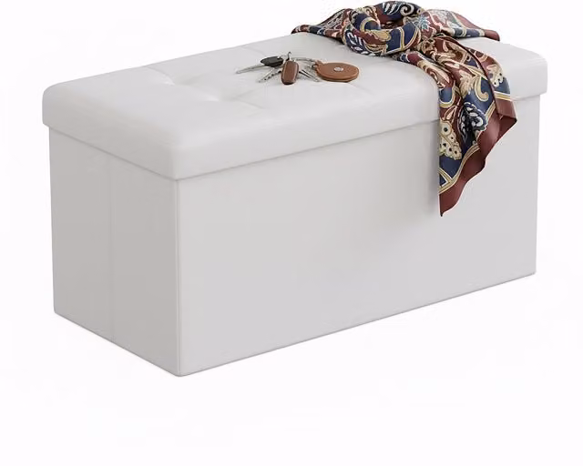 Banco con almacenaje Relaxdays de piel sintética acolchado y plegable, Blanco, An/P/Al: 76 x 38 x 38 cm