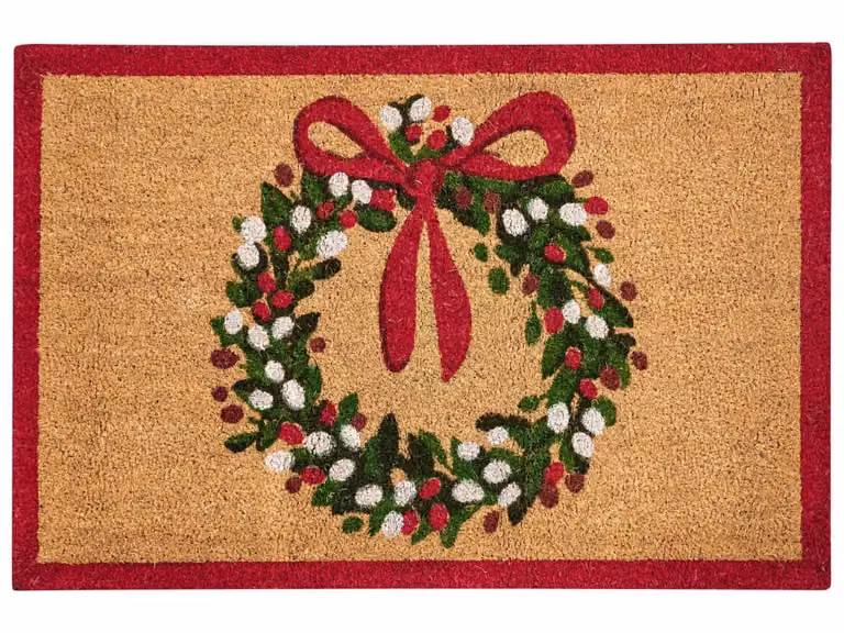 Felpudo rectangular Beliani con patrón navideño de fibra de coco y base antideslizante, color marrón y rojo, An/P: 60 x 90 cm