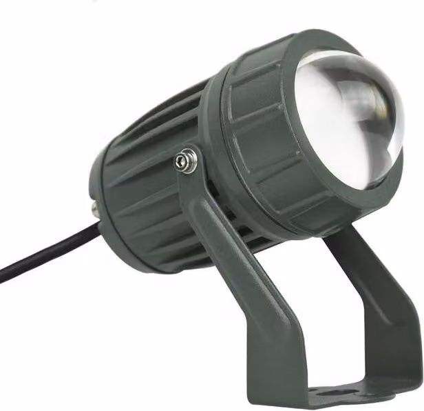 Foco LED de largo alcance KOOB de 10W con luz blanco cálido 3000K, diseño redondo en aluminio gris para jardín con protección IP67