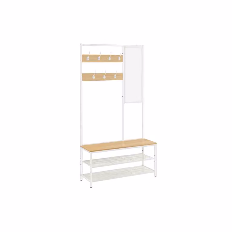 VASAGLE Perchero de Recibidor Multifuncional con Banco, Espejo y Estantes, Estilo Industrial, Roble y Blanco, An/P/Al: 35 x 98 x 180 cm
