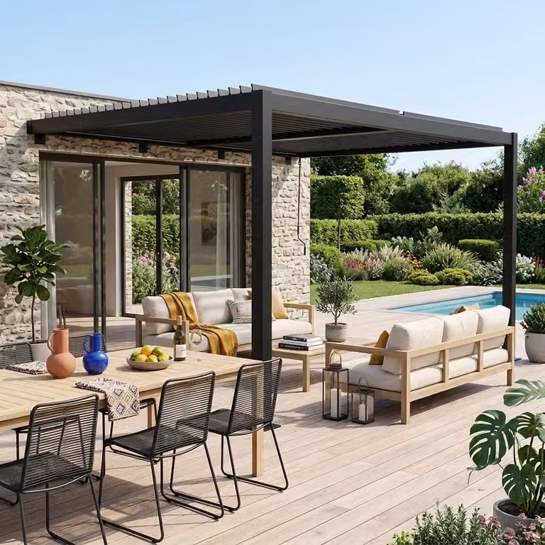 Pérgola bioclimática adosada Sweeek de aluminio con lamas orientables, Negro, An/P: 4 x 3 m, Al: 233 cm