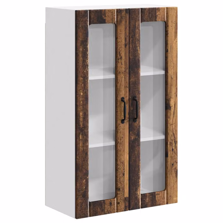 Armario de pared moderno vidaXL LUCCA con puertas de vidrio y acabado en madera envejecida color marrón para cocina