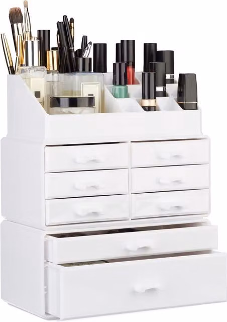 Organizador de maquillaje y joyas apilable Relaxdays de acrílico con 24 compartimentos y cajones, blanco, An/P/Al: 30 x 24 x 14 cm