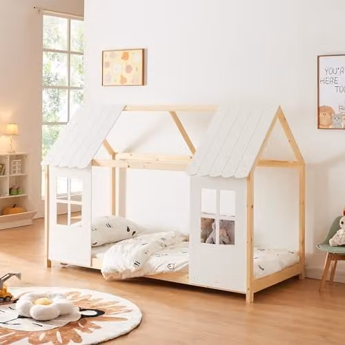 Cama infantil en forma de casa Tostedt de en.casa en madera de pino, diseño Montessori para niños y niñas, color blanco y efecto madera, 90 x 200 cm