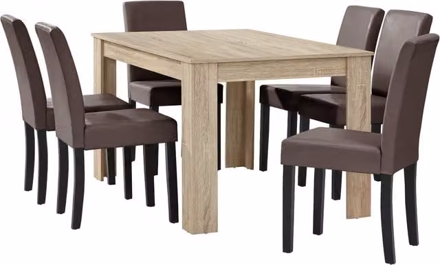 Conjunto de mesa de comedor rectangular y 6 sillas de Helloshop26 en color marrón y negro, acabado mate y diseño moderno de roble