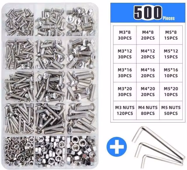 Juego de 500 tornillos de acero inoxidable ODIPIE con cabeza redonda y hexagonal en color plata para montaje mecánico