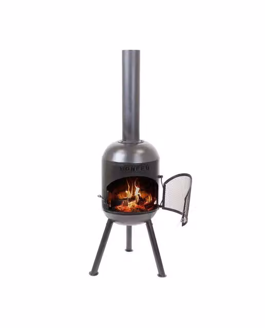 Chimenea de leña exterior Bonsolo Black de BONFEU en acero para 3 adultos
