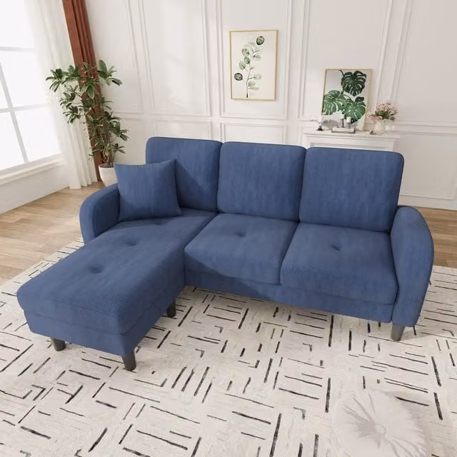 Sofá Esquinero de 3 Plazas KELLANY en Azul con Tejido de Pana y Diseño Reversible en Forma de L, An/P/Al: 166 x 118 x 77 cm