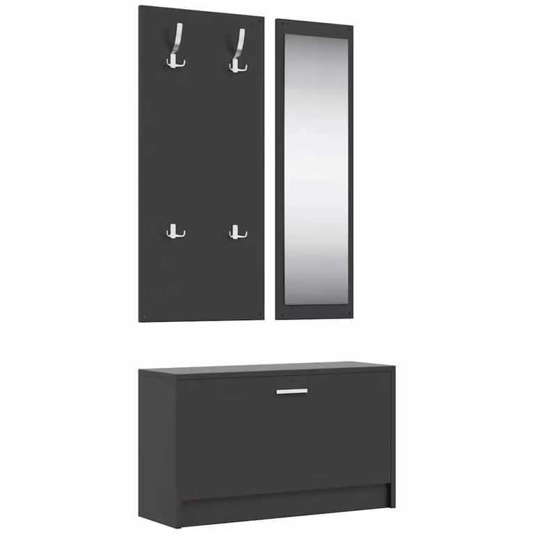 vidaXL Conjunto de zapatero 3 en 1 con espejo y estante de pared en madera contrachapada negro mate