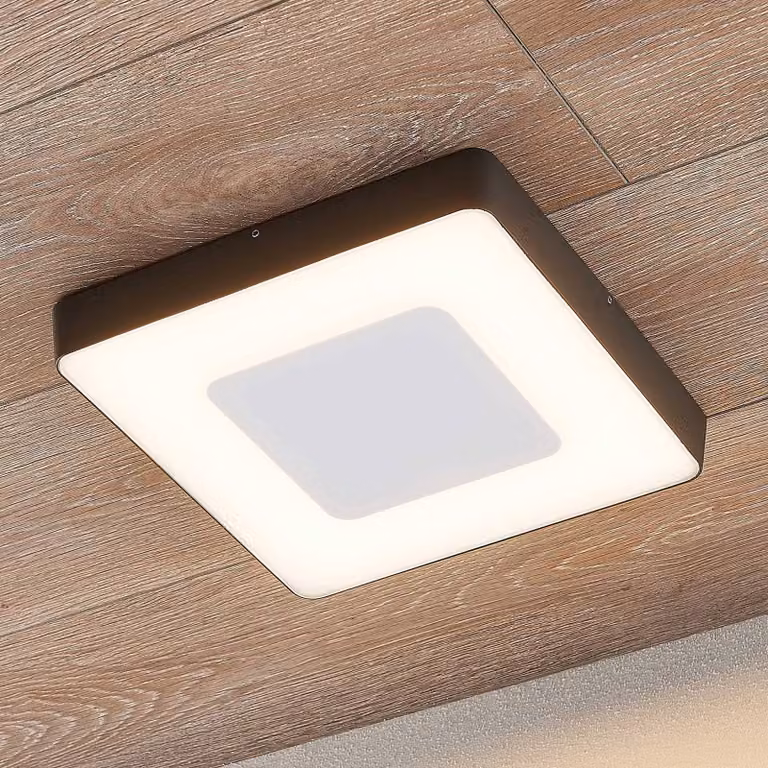 Lámpara de techo LED Sora de Lucande para exterior con sensor de movimiento, color negro, aluminio e IP54