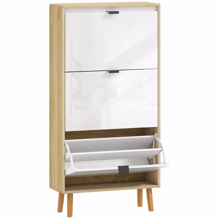 Zapatero estrecho Homcom en color blanco con acabado brillante y compartimentos basculantes An/P/Al: 60 x 24 x 127 cm