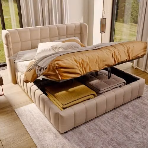 Cama doble OKWISH con base abatible y cabecero tapizado en beige o gris, An/P/Al: 180 x 200 x 188 cm
