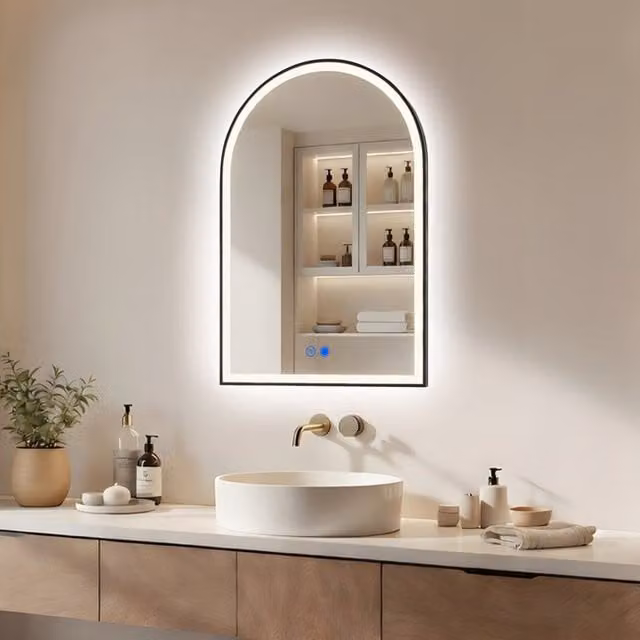 Espejo de baño con LED Artforma en forma de arco, color negro mate, con luz dual, sensor táctil y función antivaho, An: 60 cm, Al: 90 cm