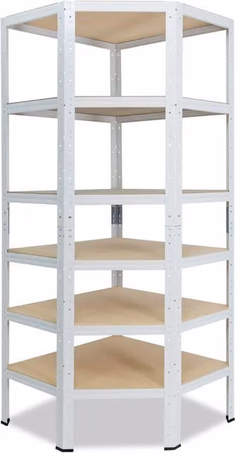 Estante esquinero Shelfplaza de metal y madera con 6 baldas ajustables, color blanco, An/P/Al: 80 x 50 x 200 cm