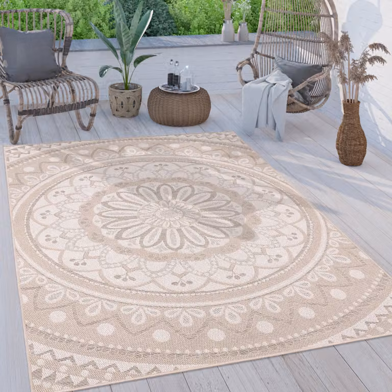 Alfombra de exterior Paco Home con diseño mandala bohemio y estilo oriental en color arena, tejido plano de polipropileno, An/P: 80 x 250 cm