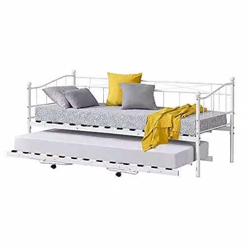 Cama de metal Skutskär en.casa con 4 ruedas y espacio adicional en blanco mate Al x An x P: 211,5 x 95 x 95 cm