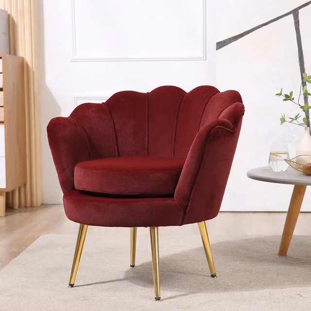 Sillón Shell de PZCC con diseño vintage y respaldo alto en terciopelo rojo oscuro, An/P/Al: 76 x 67 x 74 cm