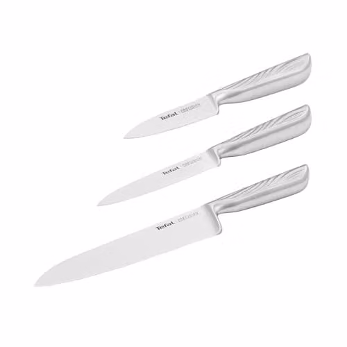 Juego de 3 cuchillos de cocina Tefal Precision en acero inoxidable color plata, incluye cuchillo de chef, cuchillo multiusos y pelador