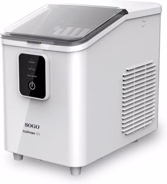 Máquina de hielo compacta Sogo con capacidad de 1,8 l y producción diaria de 12 kg con limpieza automática y apagado automático en color blanco