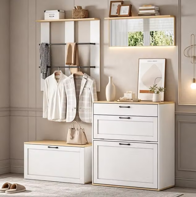 Perchero de pie modular OKWISH con zapatero, espejo y cajón en blanco y tono madera, An/P/Al: 156 x 36 x 176 cm