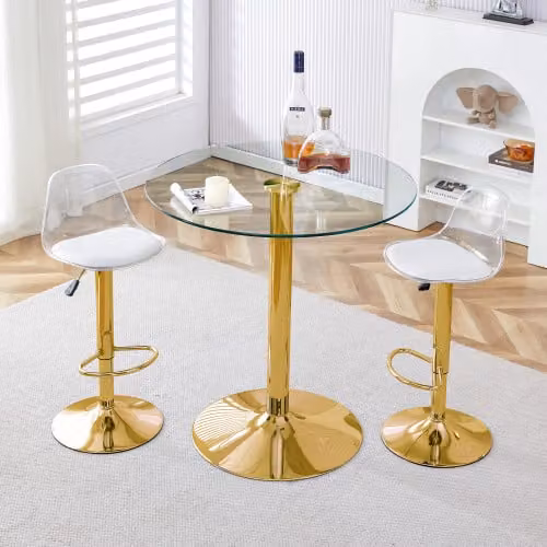 Conjunto de mesa redonda y 2 taburetes giratorios OKWISH en vidrio y metal, color oro y transparente, Diámetro: 89 cm