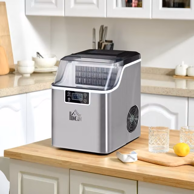Máquina de cubitos de hielo HOMCOM con pantalla digital, capacidad de 20 kg/24 h, depósito de agua de 3,2 l y acabado en acero inoxidable color plata