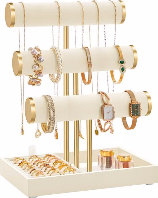 Expositor de joyas SONGMICS con soporte para pulseras y anillos, 3 niveles con bandejas de terciopelo, color blanco y oro, An/P/Al: 29,2 x 22 x 15 cm