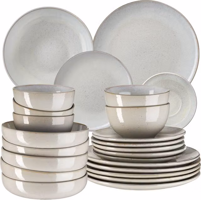 Vajilla de gres TecTake de 24 piezas para 6 personas, apta para lavavajillas y microondas, disponible en beige o gris