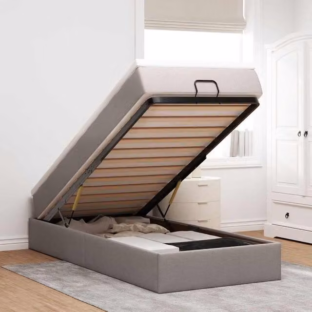 Estructura de cama otomana con colchón Maison Exclusive en tela gris y blanca, An: 80 cm, Al: 200 cm, Al: 203 cm