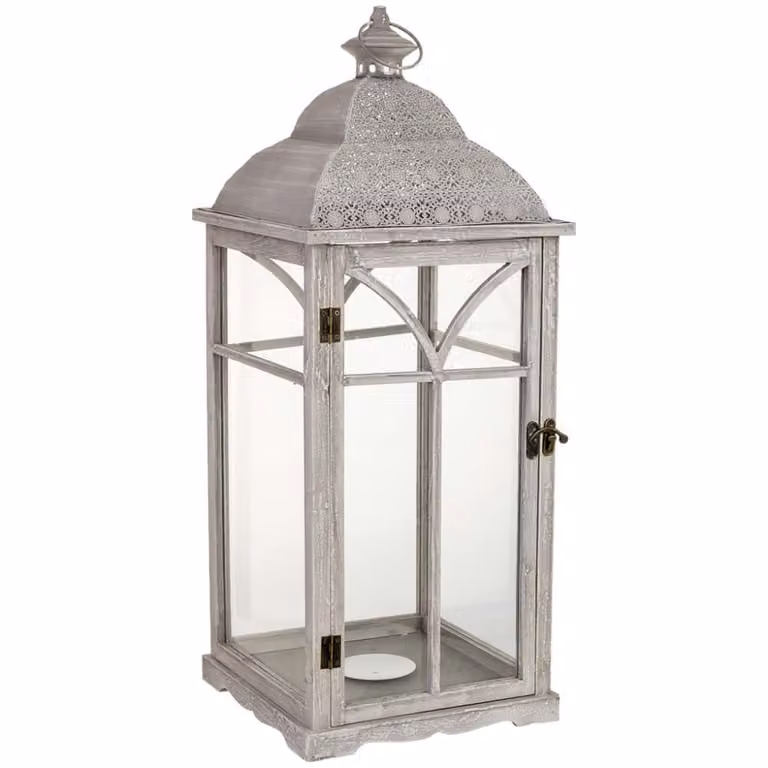 Farol decorativo rústico Wanderlust deco en madera, cristal y metal, colores blanco y gris, An/P/Al: 30 x 30 x 74,5 cm