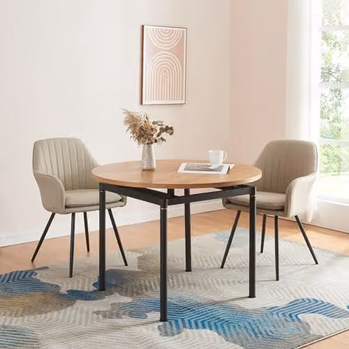 Mesa de comedor redonda en.casa para 4 personas con diseño moderno, tablero de MDF efecto roble y patas de acero, An/P/Al: 100 x 100 x 75 cm, color marrón y negro