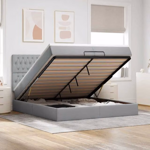 Estructura de cama otomana con base abatible Maison Exclusive en tela gris claro, An/P/Al: 200 x 200 x 28 cm