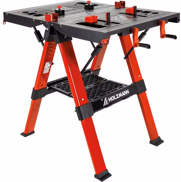 Banco de trabajo plegable con prensa Holzmann WST100SOLID en rojo y negro