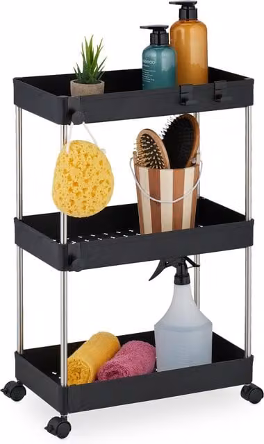 Carrito auxiliar estrecho con 3 estantes para cocina y baño Relaxdays, negro, An/P/Al: 62 x 41,5 x 23,5 cm