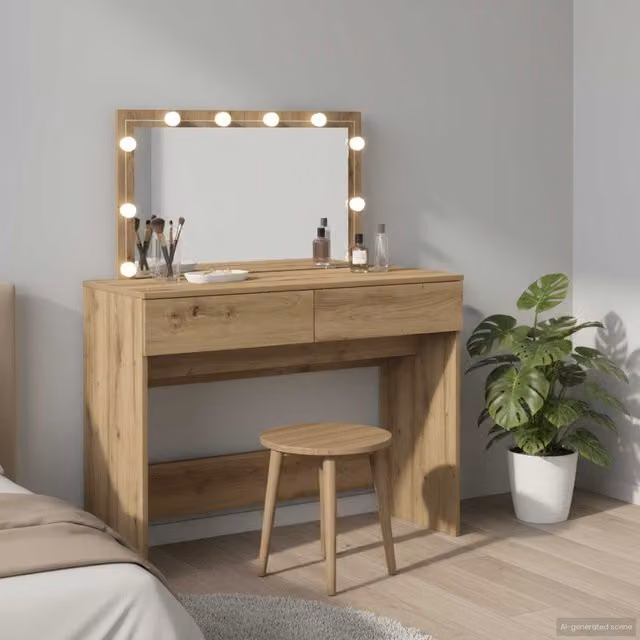Mesa tocador moderna con LED vidaXL en color roble, An/P/Al: 100 x 40 x 120 cm