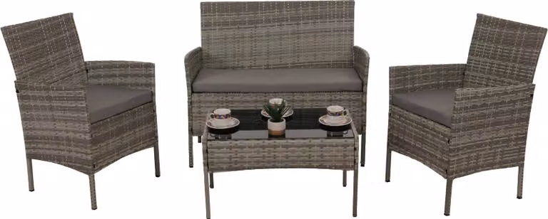 Juego de muebles de jardín Mendler de polirratán con estructura de metal, mesa de café con superficie de vidrio y cojines de tela gris en color gris