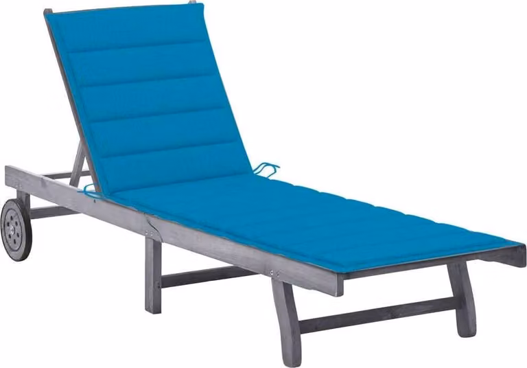 Tumbona de jardín Syfax de madera de acacia con cojín de poliéster gris y azul con reposacabezas ajustable y ruedas
